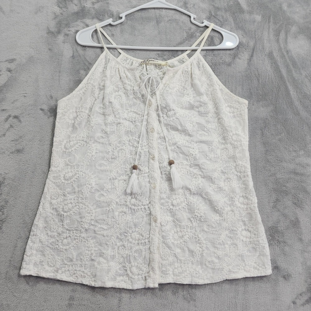 Laffaire Top Womens L White Embroidered Lace Button Front Tassel Cami Tank Boho